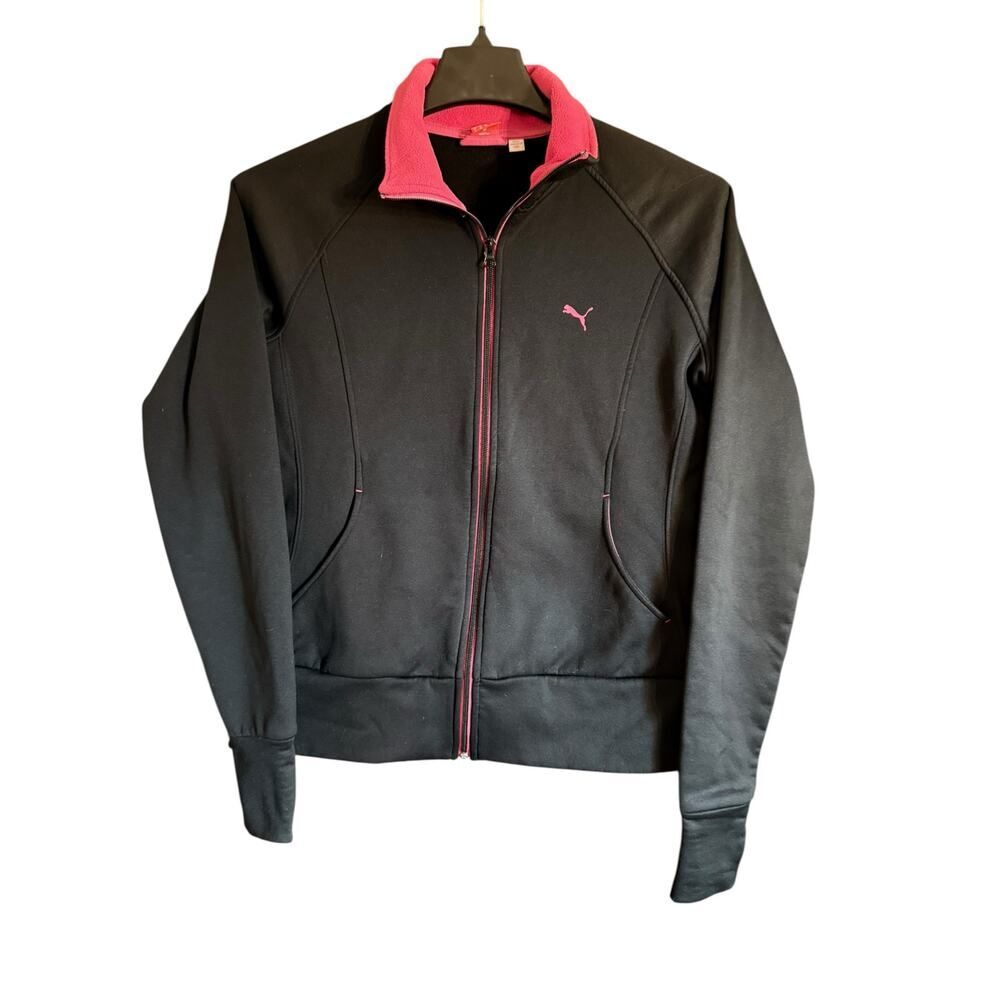 Puma Black Sweatshirt with Pink Accents, Full Zip with Thumb Holes Size Large